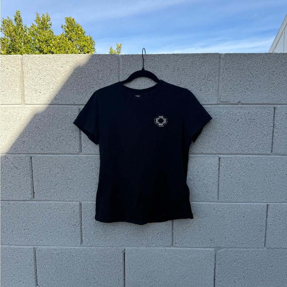 Maje Black Short Sleeve Tee with Embroidered Detail